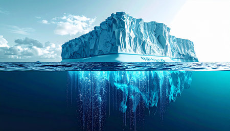 A majestic iceberg floats in the calm arctic ocean, its immense, hidden mass visible beneath the waters surface. This powerful image represents unseen challenges, hidden potential, and the profound depths of nature, serving as a metaphor for business strategy, psychology, and environmental awareness.の素材
