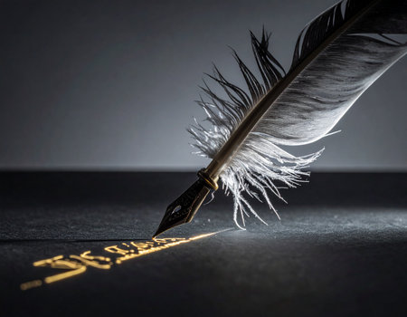 In a quiet, dark room, a classic quill pen dips into history, writing not with ink, but with pure golden light. Each stroke illuminates the page, capturing a timeless message of wisdom, legacy, and magical inspiration for future generations.の素材