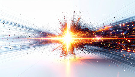 A brilliant explosion of light and data erupts from a central point, symbolizing a technological singularity or a groundbreaking discovery. Streams of information race outwards at light speed, representing the rapid expansion of knowledge, innovation, and the interconnectedness of the digital universe. This dynamic visual captures the raw power and infinite potential of future technology.の素材