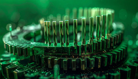 A macro view into the heart of a powerful machine. A central processing unit component glows with an intense green light, symbolizing the flow of data, complex calculations, and the dawn of a new technological era.の素材
