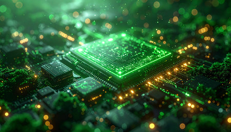 A powerful green CPU glows with vibrant energy, the central heart of a complex, futuristic motherboard. This macro view visualizes the core of innovation, representing concepts like artificial intelligence, sustainable green technology, and the rapid processing of big data in a digital world.の素材