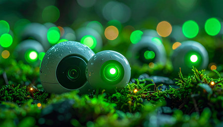 In a hidden, enchanted forest, a colony of small robotic snails awakens as dusk falls. Their luminous green eyes cast an ethereal glow on the damp moss, silently communicating in a network of light and exploring their miniature world with a sense of collective purpose.の素材