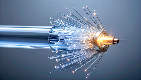A macro view of a fiber optic cable, its strands glowing with light, symbolizing the rapid and seamless flow of digital information across the global network. This image represents the core of modern communication, innovation, and the high-speed future of technology.の素材