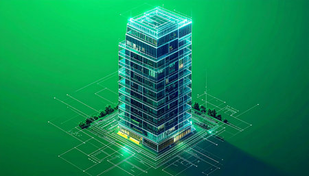 A glowing digital twin of a skyscraper materializes, representing the future of sustainable urban development. This holographic blueprint showcases smart technology and green energy solutions, symbolizing innovation in architecture and corporate infrastructure.の素材