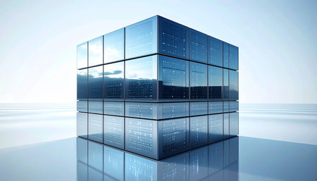 A perfectly formed glass cube stands as a monument to modern innovation and corporate clarity. Its reflective surfaces mirror a bright, limitless horizon, symbolizing future growth, technological advancement, and a solid, transparent foundation for success.の素材