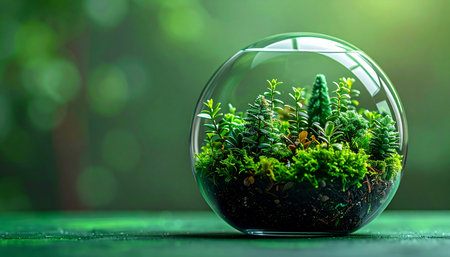 A tiny, self-sustaining forest thrives within the protective confines of a glass sphere. This miniature ecosystem represents concepts of growth, sustainability, and the delicate balance of nature.の素材