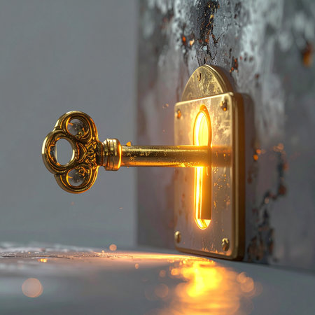 An ornate golden key turns in an old lock, revealing a mysterious, warm light from within. This image symbolizes unlocking new opportunities, discovering hidden secrets, or finding the solution to a complex problem. A moment of revelation and potential.の素材