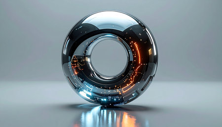 A sleek, metallic torus, a marvel of future engineering, hums with latent power. Its polished chrome surface reflects a world of possibility, while a vibrant core of blue and orange light hints at the advanced energy source or artificial intelligence contained within. This is the heart of innovation, a symbol of progress and the next technological frontier.の素材