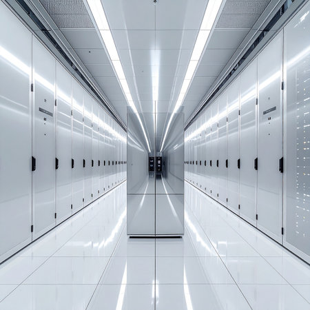 A pristine, symmetrical corridor stretches into the digital horizon, lined with powerful server racks. This is the silent, beating heart of the cloud, a high-tech sanctuary where data is stored, processed, and secured, powering the future of global information and innovation.の素材
