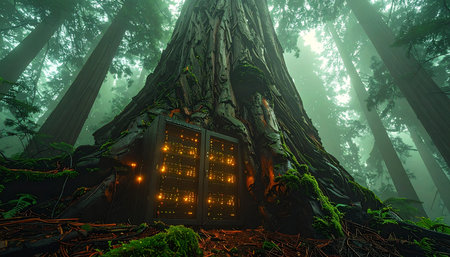 Deep within a misty, primeval forest stands a colossal redwood, a silent giant older than time. Carved into its base is a secret dwelling, its windows glowing with a warm, enigmatic light, hinting at a hidden world of magic or advanced technology nestled within the heart of nature.の素材