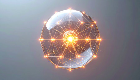 A central core of pure energy radiates light through an intricate, interconnected digital network. This luminous sphere represents the flow of data, the power of artificial intelligence, and the future of global communication and technological innovation.の素材