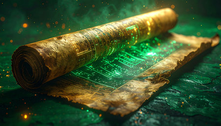 An ancient scroll, weathered by time, unrolls to reveal not ink, but a network of glowing green circuits. This artifact bridges the gap between ancient magic and futuristic technology, symbolizing the discovery of profound knowledge where history and innovation converge.の素材