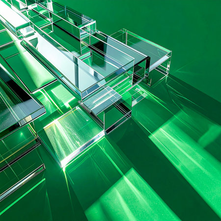 Sunlight streams through a modern, abstract glass structure, casting long, geometric shadows on a vibrant green surface. This image represents clarity, innovation, and the foundational architecture of future technology and sustainable growth.の素材