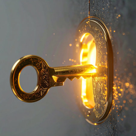 A gleaming golden key turns in a lock, revealing a brilliant, warm light from within. This image symbolizes unlocking new opportunities, discovering secrets, finding solutions, and accessing a brighter future. The glowing particles add a magical touch, representing the spark of an idea or the moment of breakthrough.の素材