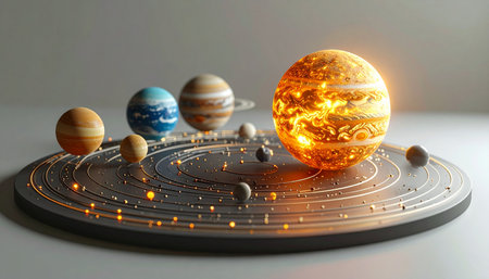 A detailed orrery model showcases the solar system, with a brightly glowing sun at its center. Planets follow their designated orbits, illustrating the grand, orderly design of our cosmic neighborhood. This image represents concepts of science, education, and the endless pursuit of discovery.の素材