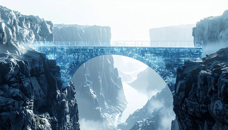 A breathtaking bridge of pure, glowing energy materializes across a bottomless chasm, offering a path into an unknown, mystical realm. This ethereal crossing represents a leap of faith, a connection between worlds, and the start of an epic adventure.の素材
