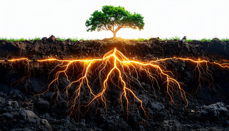 Deep beneath the surface, a powerful network of glowing roots channels unseen energy, fueling the growth and vitality of the solitary tree above. A concept representing hidden strength, foundational power, and the vital connections that support life and innovation.の素材