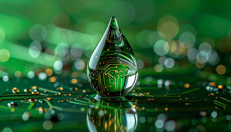 A perfect drop of water rests on a complex circuit board, its surface reflecting intricate golden pathways. This visual metaphor represents the fusion of nature and technology, symbolizing sustainable innovation, green computing, and the vital role of resource management in our digital future.の素材