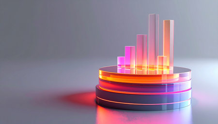 A vibrant 3D bar chart rises from an illuminated platform, visualizing dynamic growth and financial success. This futuristic infographic represents data-driven insights, innovation, and the upward trend of a successful business strategy in a digital world.の素材