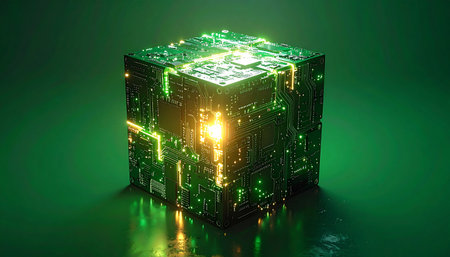 A powerful central processing unit, an AI core, glows with an intense inner light, symbolizing the immense flow of data and information. Green energy traces across its complex surface, representing the future of technology, quantum computing, and digital innovation on a dark, reflective background.の素材
