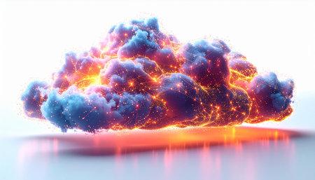 A vibrant explosion of digital energy forms a luminous cloud, its fiery core glowing with the power of a new idea. This abstract representation captures the genesis of innovation, data processing, and the chaotic beauty of creation in a futuristic landscape.の素材