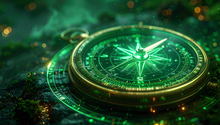 An antique brass compass glows with a vibrant green, futuristic light, resting on a complex circuit board. This powerful visual metaphor represents guidance, direction, and strategy in the digital age, navigating the intricate pathways of technology, data, and innovation.の素材