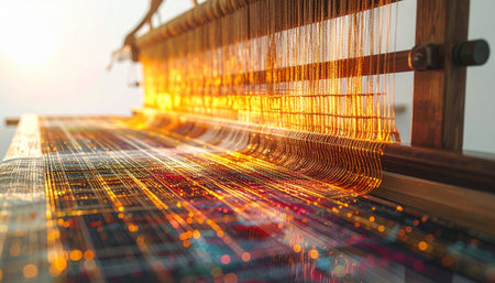 Golden threads blur into a stream of light on an industrial loom, capturing the high-speed precision of modern textile manufacturing. This image symbolizes the intersection of traditional craftsmanship and advanced technology, weaving the future of fabric production with every rapid pass of the shuttle.の素材