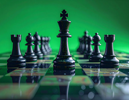 The black chess king stands resolute on a reflective board, a powerful symbol of leadership and strategic planning. Against a vibrant green background, this image represents authority, foresight, and the intellectual battle for success.の素材