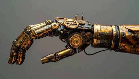 A marvel of Victorian-era engineering, this intricate steampunk mechanical hand showcases a fusion of brass gears and copper wiring. It represents a bridge between industrial-age craftsmanship and a futuristic vision of artificial intelligence and bionic augmentation.の素材