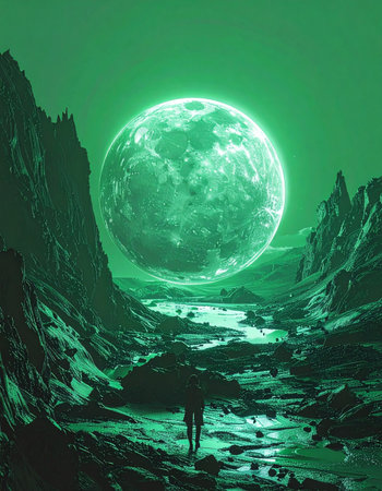 A lone explorer stands in a vast, alien canyon, bathed in the eerie, green glow of a colossal moon. A silent river reflects the otherworldly light, leading the traveler deeper into a mysterious and surreal landscape filled with wonder and solitude.の素材