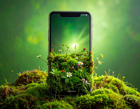 A smartphone rests in a bed of lush green moss, its screen glowing as a miniature world of flowers and plants bursts forth, seamlessly blending the digital and natural realms. This image symbolizes the harmonious integration of technology and ecology, representing concepts of sustainability, green innovation, and a future where nature and digital life coexist.の素材