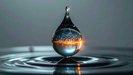 A perfect moment frozen in time. A single, crystal-clear droplet of water hangs suspended, holding within it the reflection of a bustling, illuminated city. As it touches the calm surface below, ripples expand outwards, symbolizing the impact of technology, data, and global connectivity on our world. Its a powerful visual metaphor for the delicate balance between natures purity and human innovation.の素材