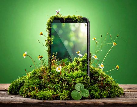 A smartphone rests on a rustic wooden surface, becoming one with nature as vibrant green moss and wildflowers grow over it. This conceptual image represents the harmony between modern technology and the natural world, symbolizing sustainability and ecological balance.の素材