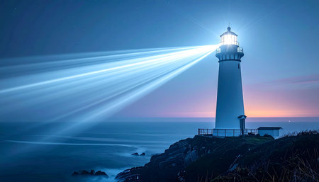As twilight settles over the vast ocean, a steadfast lighthouse stands guard on the rocky coast. Its powerful beams cut through the deepening blue, a symbol of guidance, safety, and unwavering hope for those navigating the dark waters.の素材