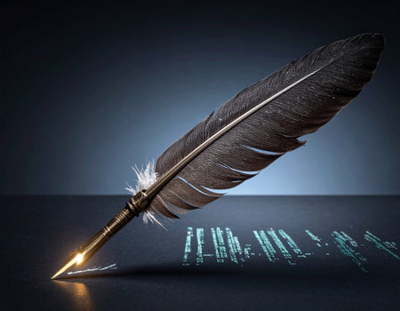 A classic black quill pen comes to life, its tip glowing with a magical light as it writes an elegant script on a dark, reflective surface. This image symbolizes the spark of inspiration, the power of storytelling, and the timeless art of literature and poetry.の素材