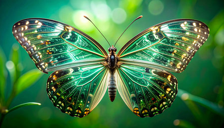 In a hidden, sun-dappled corner of a lush forest, an emerald butterfly rests for a moment. Its delicate, translucent wings catch the light, revealing intricate patterns like stained glass, a symbol of natures quiet magic, transformation, and serene beauty.の素材