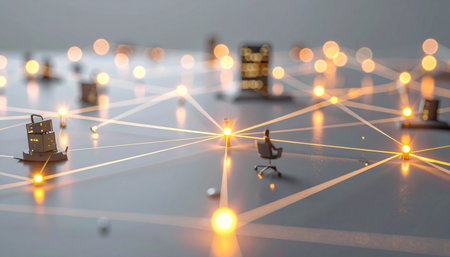 A luminous digital grid pulses with energy, connecting abstract city nodes in a seamless flow of information. This visual represents the intricate infrastructure of a futuristic smart city, where data, communication, and technology converge to power global innovation and connectivity.の素材