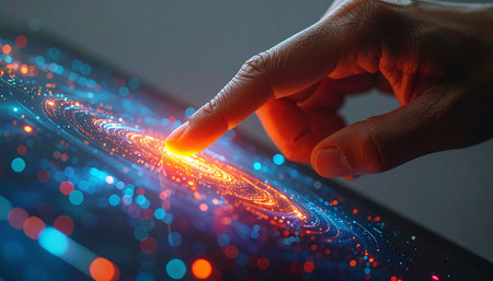 A single touch bridges the gap between the physical and digital worlds. A finger interacts with a luminous stream of data on a futuristic interface, unlocking a universe of information, innovation, and boundless potential. This represents the dawn of a new era in human-computer interaction.の素材
