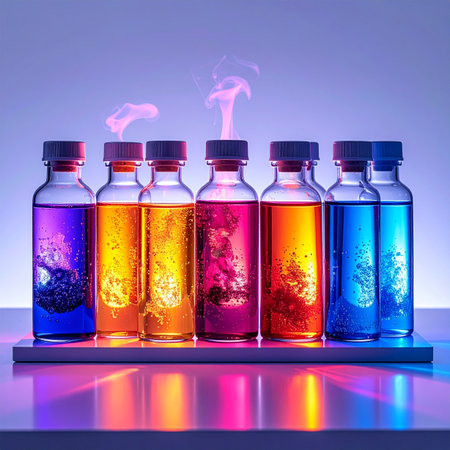 A row of glass vials holds vibrant, glowing liquids, each emitting a wisp of vapor. This scene captures the moment of a breakthrough in a futuristic laboratory, symbolizing innovation, discovery, and the powerful potential of science and chemistry.の素材