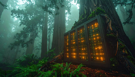 In the heart of an ancient, fog-shrouded redwood forest, a mysterious server rack hums with silent power. This surreal scene blends advanced technology with primordial nature, symbolizing concepts like hidden data, green computing, or the secret connection between the digital and natural worlds.の素材