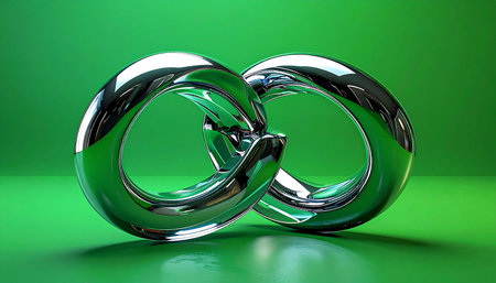 Two sleek, chrome rings are seamlessly interlocked, symbolizing an unbreakable bond and perfect synergy. Set against a vibrant green background, their reflective surfaces create a dynamic play of light, representing unity, partnership, and futuristic innovation.の素材