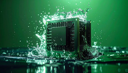 A powerful computer processor is submerged in a vibrant green coolant, capturing a high-speed splash that symbolizes peak performance and advanced liquid cooling technology. This image represents the cutting edge of innovation, speed, and the immense power of modern computing.の素材