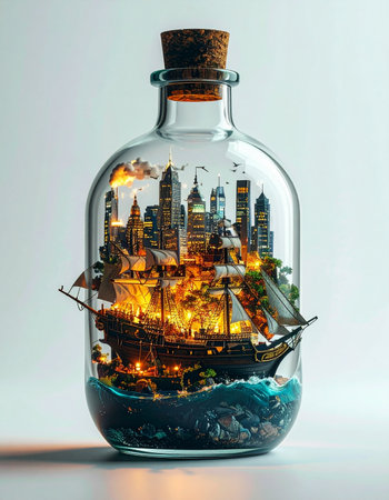 A magical world is captured within a glass bottle, where a historic sailing vessel navigates the glowing waters of a modern metropolis. This surreal diorama represents the fusion of past and future, adventure and urban life, all preserved in a timeless, miniature universe.の素材