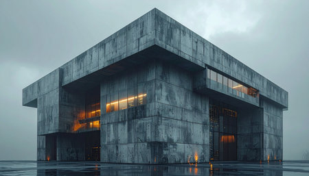 Under a heavy, overcast sky, a monolithic brutalist structure stands firm. Its weathered concrete facade reflects in the rain-slicked ground, projecting an aura of unyielding strength and mystery. Warm light spills from within, hinting at the secrets and innovation protected by its formidable walls.の素材