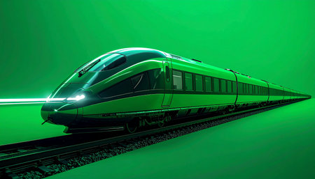 A vision of tomorrows travel, this high-speed train glides silently through a green-hued world. It represents a leap forward in sustainable public transport, combining cutting-edge technology with ecological responsibility for a cleaner, faster future.の素材