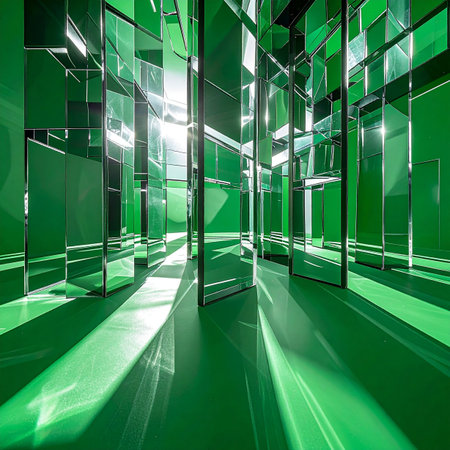 Sunlight streams through a futuristic labyrinth of green mirrors, casting long shadows and creating infinite reflections. This abstract space represents the complexity of modern technology, the search for clarity amidst confusion, and the endless possibilities of the digital future.の素材