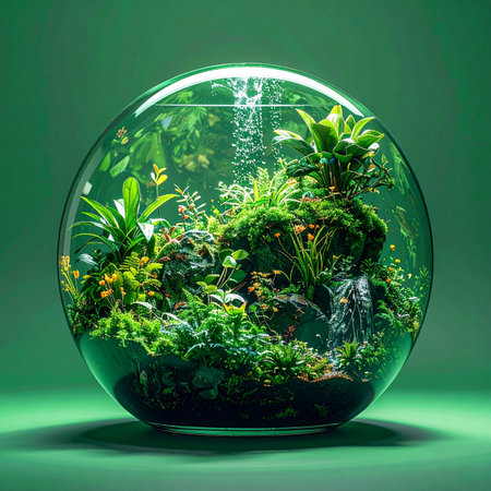 A complete, self-sustaining world thrives within a glass sphere. A miniature waterfall cascades over mossy rocks, nourishing a vibrant collection of lush green plants in this serene, self-contained ecosystem, a perfect symbol of balance and natures ingenuity.の素材