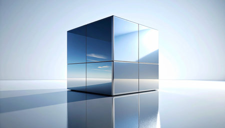 A pristine glass cube sits on a reflective plane, its surfaces mirroring a bright, clean environment. This image evokes concepts of clarity, precision, and foundational structure, perfect for representing modern technology, corporate innovation, or scientific breakthroughs.の素材
