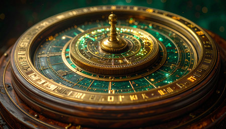 An ancient and intricate golden astrolabe glows with an ethereal green light, its complex dials and runic engravings hinting at forgotten cosmic secrets. This mystical device is a key to navigating not just the stars, but the very fabric of time and destiny, a perfect visual for themes of exploration, fate, and arcane knowledge.の素材