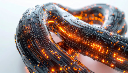 A close-up view of a futuristic data chain, its dark, complex surface illuminated by a vibrant orange glow from within. This represents the powerful and secure flow of information through a decentralized blockchain network, symbolizing concepts of innovation, big data, and the future of digital technology.の素材